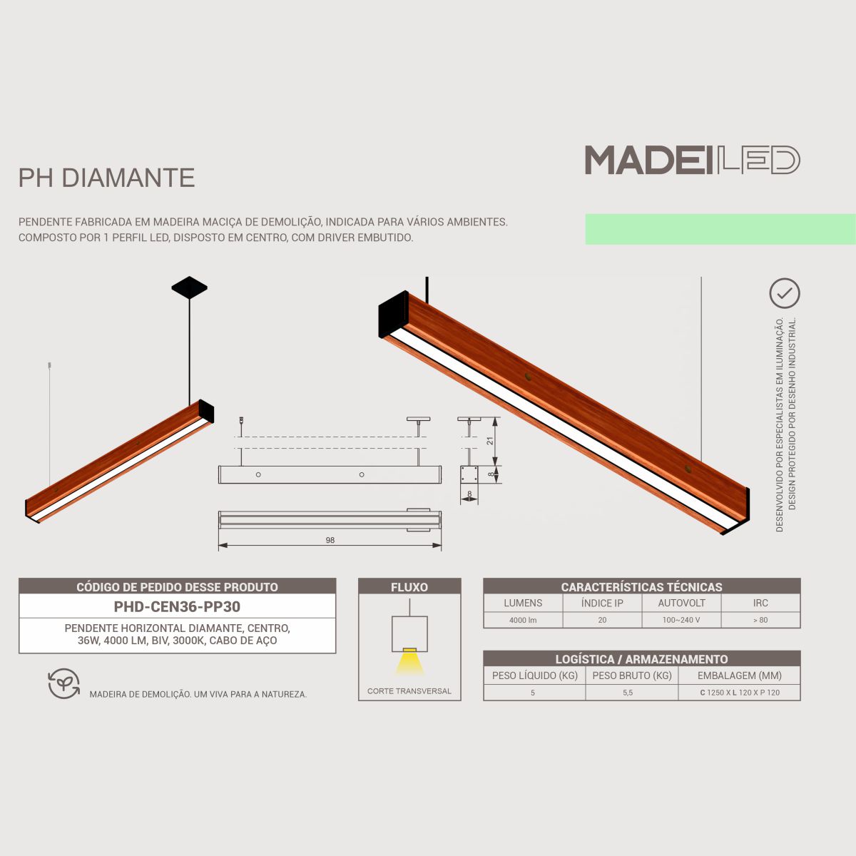 Horizontal Modelo Diamante em Madeira Maciça 