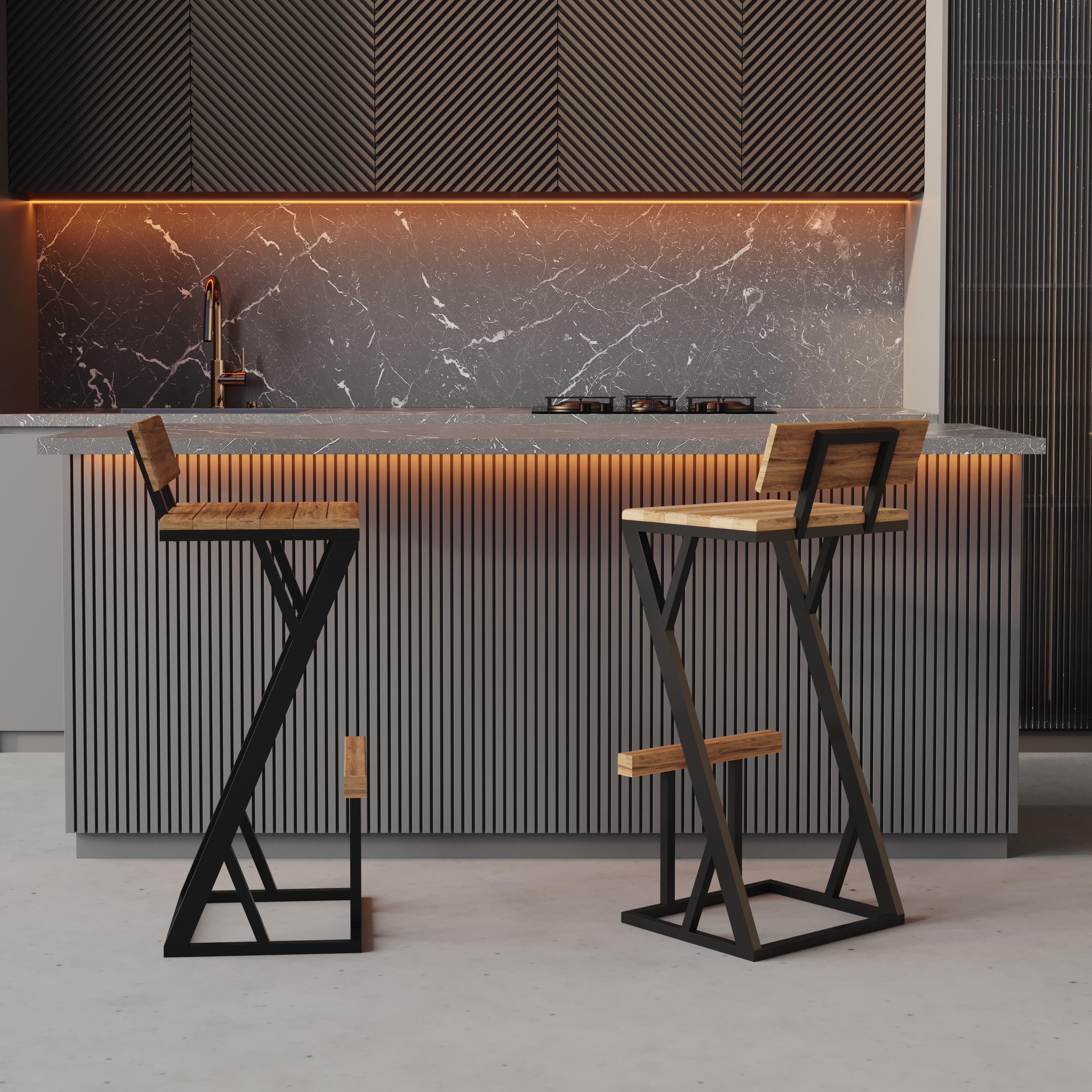 Kit 2 Banqueta Z Alta 95cm Bistrô Madeira Maciça e Aço Carbono Design Industrial - MadeiLed