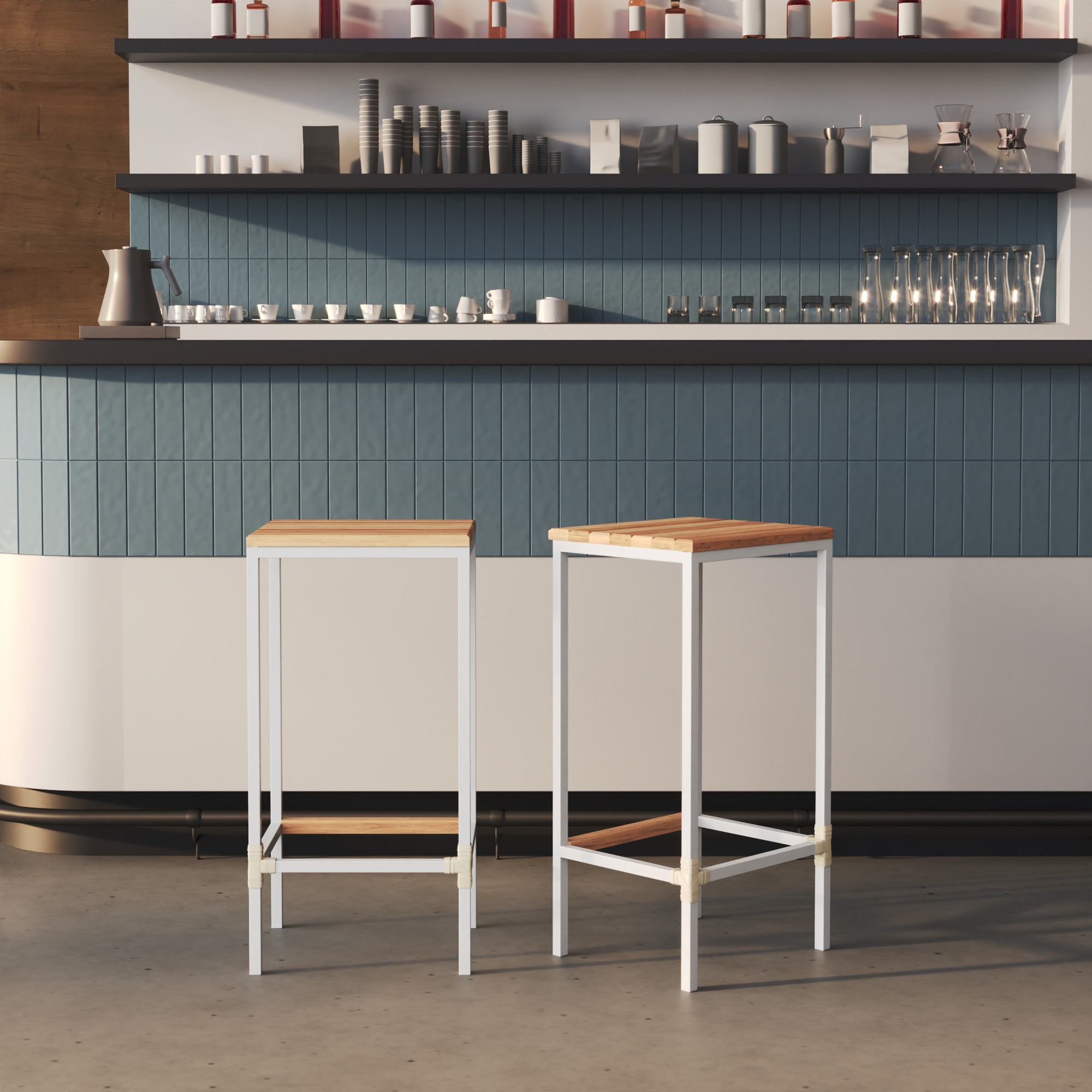 Kit 2 Banqueta em Aço Alta Industrial com Assento de Madeira Maciça 75cm - Branca