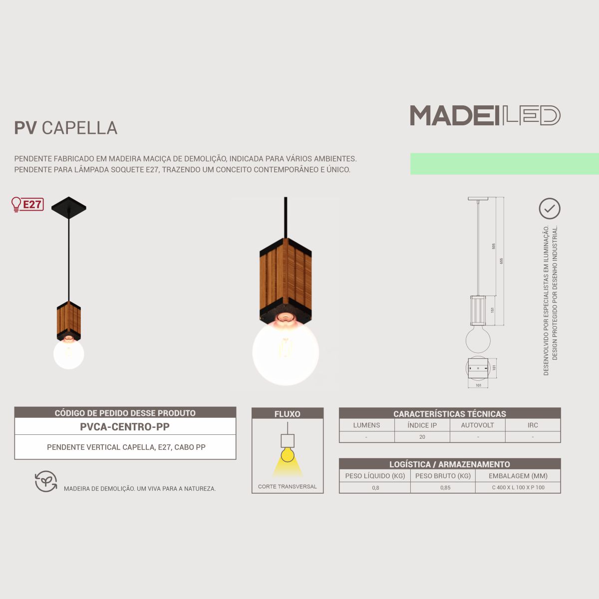 Kit 3 Pendentes Verticais Madeira Capella e Lâmpada Ambar 4w