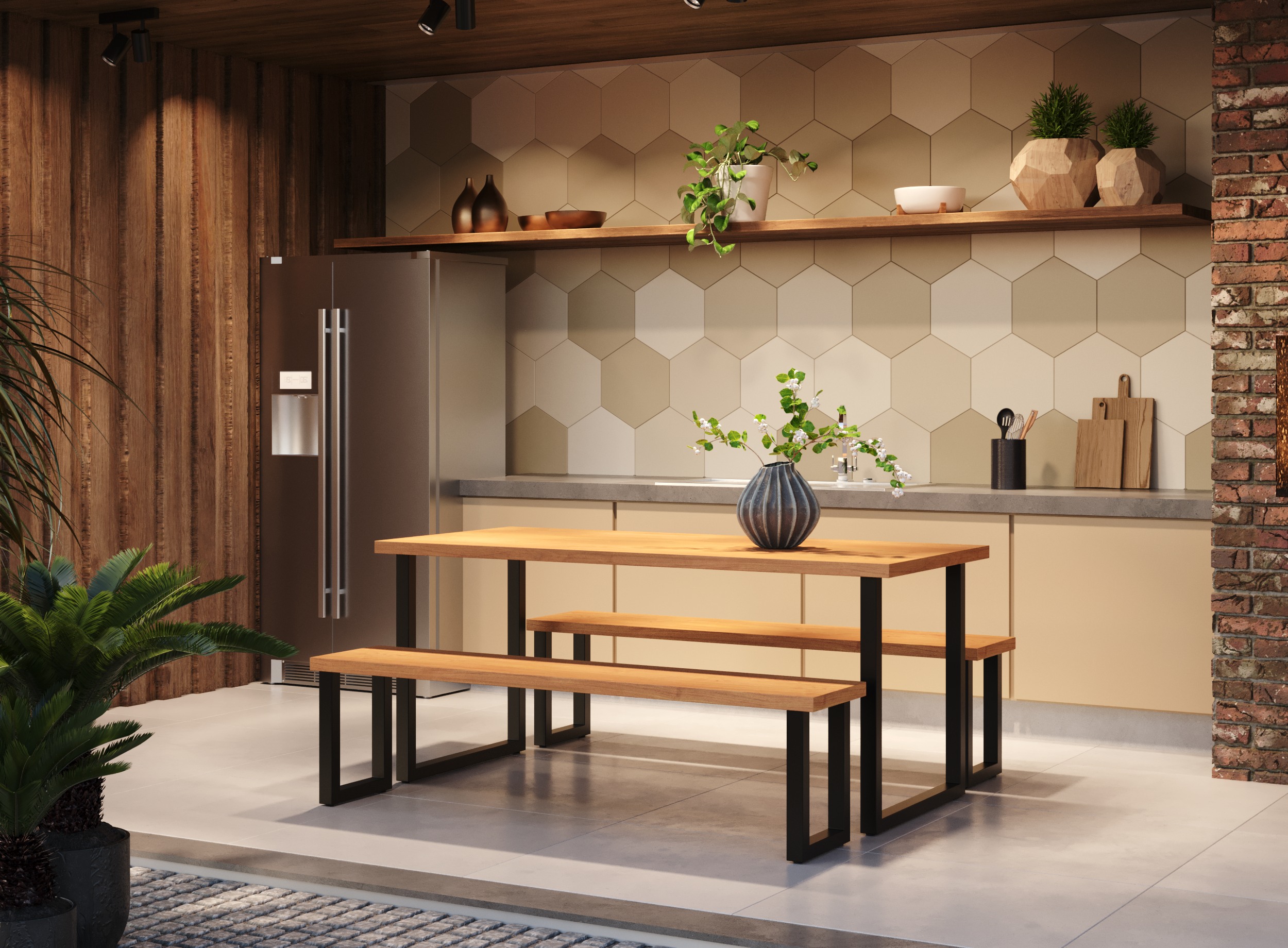 Kit Mesa de Jantar com Banco Madeira Maciça de Demolição Pés de Ferro Design Industrial - 180x80 cm