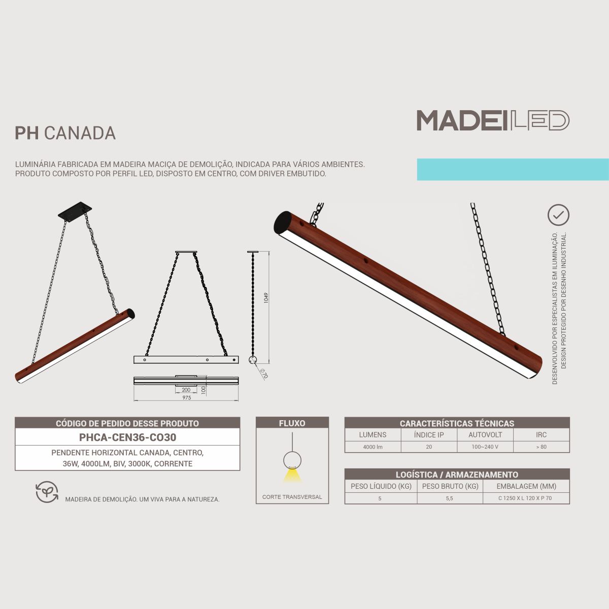 Luminária Pendente Canada em Madeira de Demolição com Corrente e LED 36W