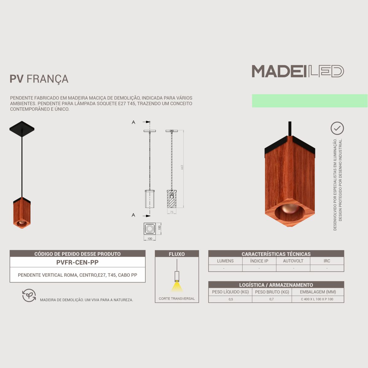 Luminária Pendente França Madeira Maciça de Demolição Rosca E27