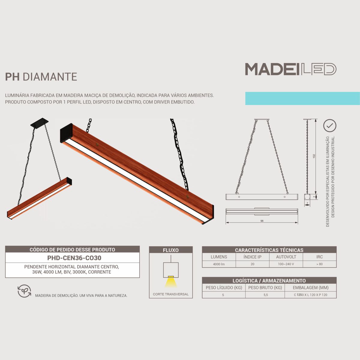 Luminária Pendente Horizontal Diamante Corrente