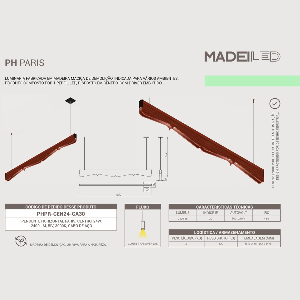 Luminária Pendente LED Horizontal Paris em Madeira de Demolição