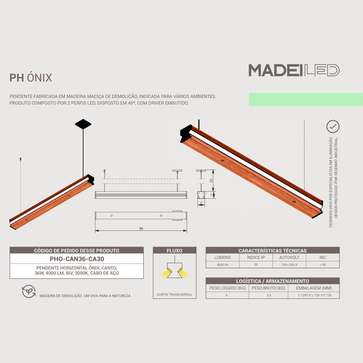 Luminária Pendente Led Ônix 36w 4000lm Bivolt - Madeira Maciça de Demolição