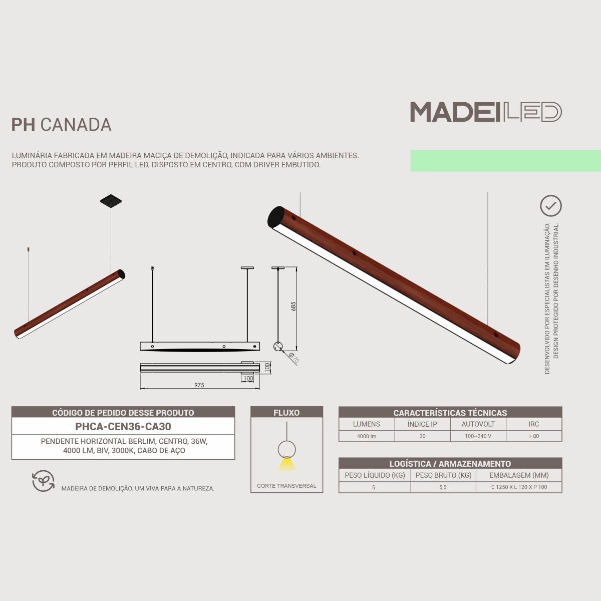 Luminária Pendente Led Canada 36w 4000lm Bivolt Madeira