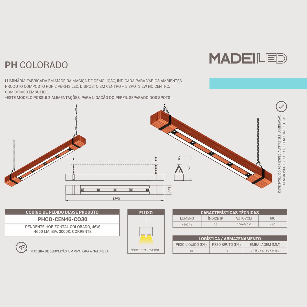 Luminária Pendente Led Colorado 46w Bivolt Madeira Maciça