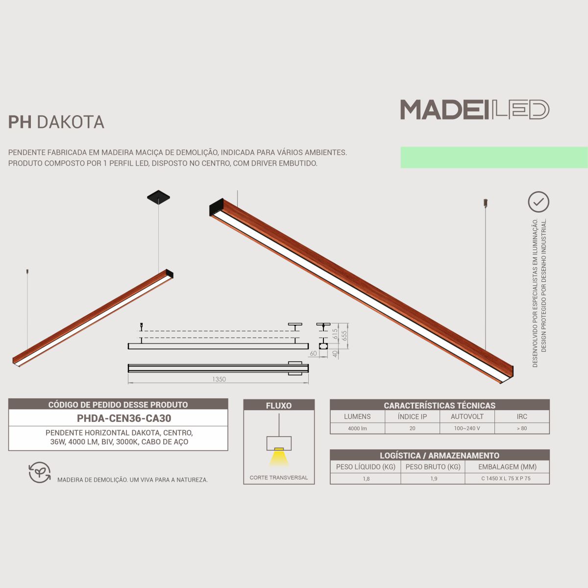 Luminária Pendente Led Dakota 36w 4000lm Bivolt em Madeira Maciça