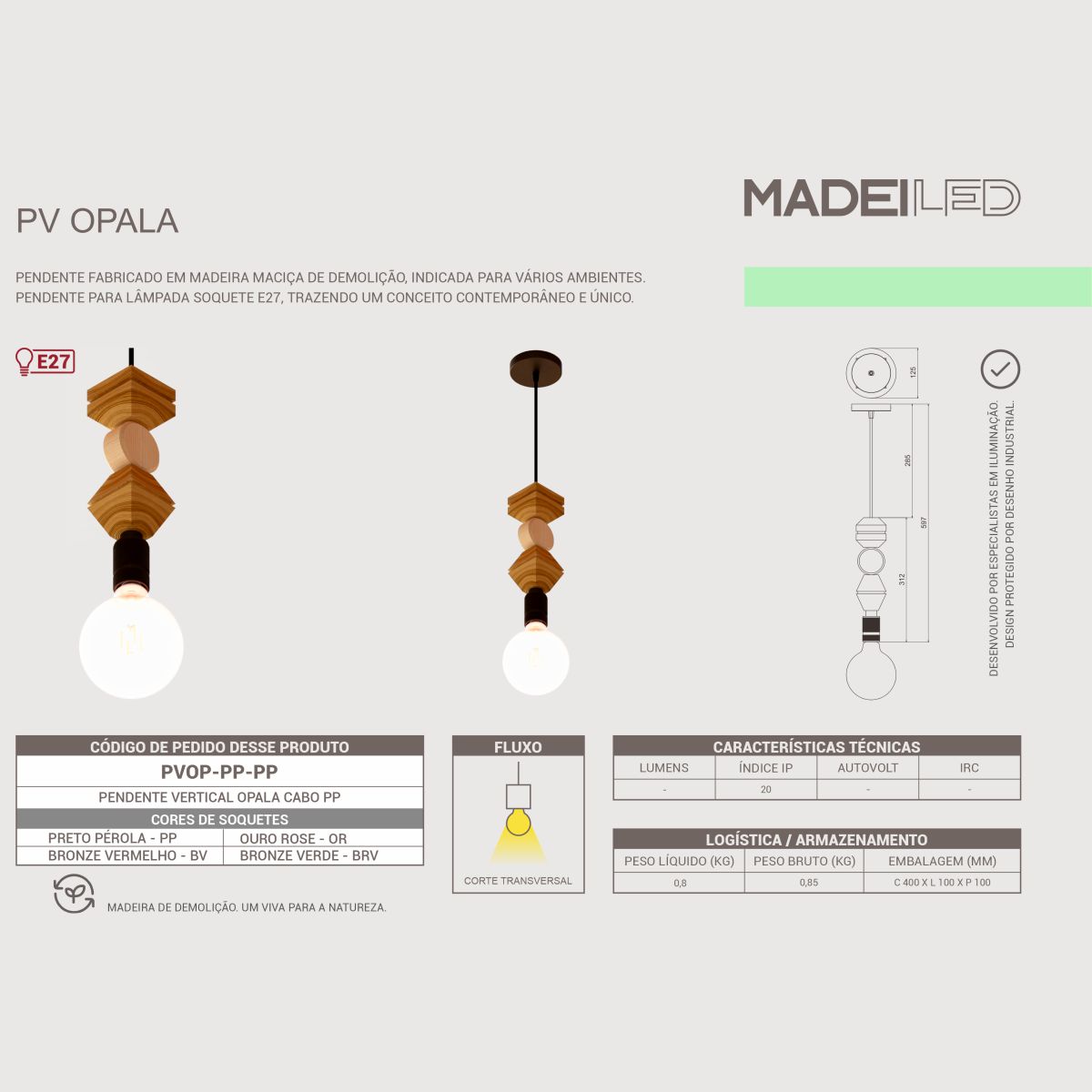 Luminária Pendente Led Opala Madeira Cabo Pp Soquete E27
