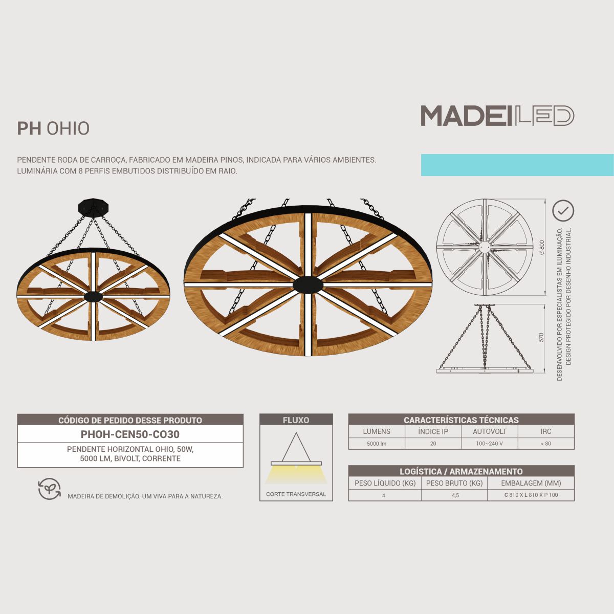 Luminária Pendente Ohio Led 50w Roda Madeira Maciça Rústico