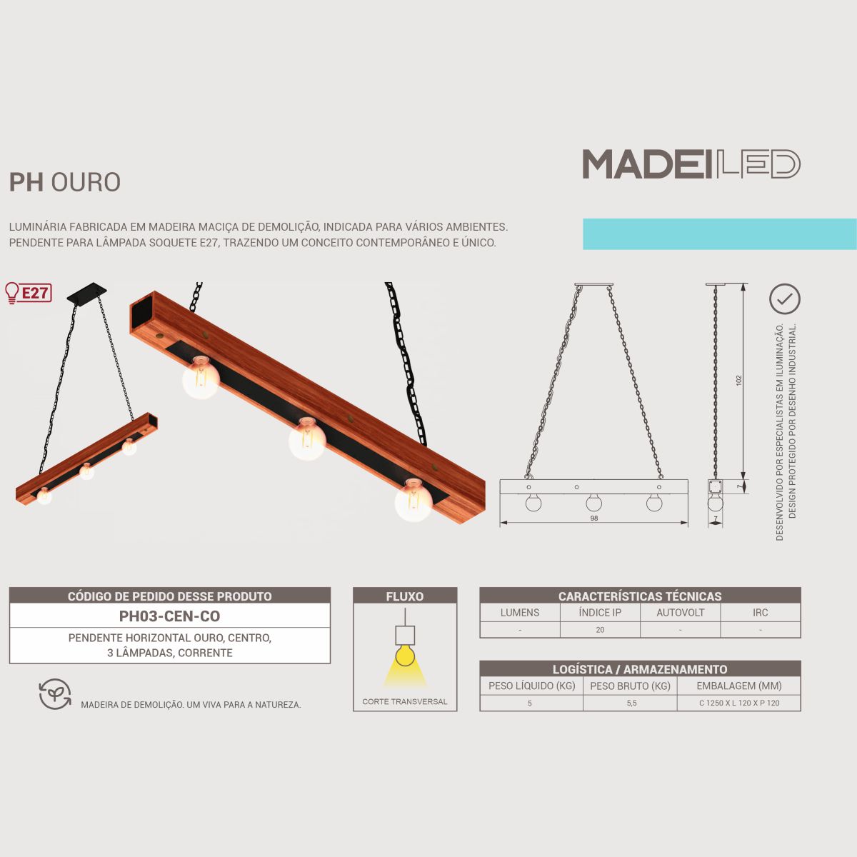Luminária Pendente Ouro 3 Roscas E27 Madeira Maciça Corrente