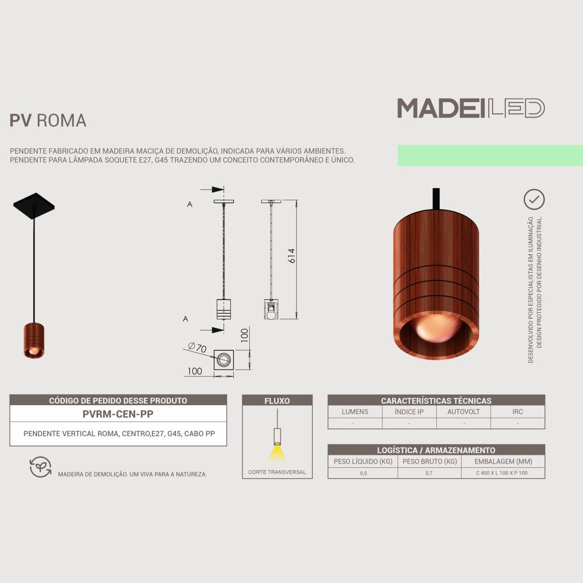 Luminária Pendente ROMA em Madeira de Demolição