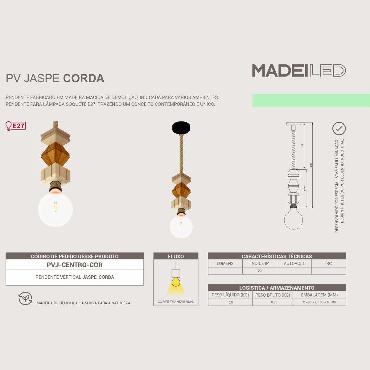 Luminária Pendente de Madeira com Corda Jaspe com Lâmpada 4w Ambar