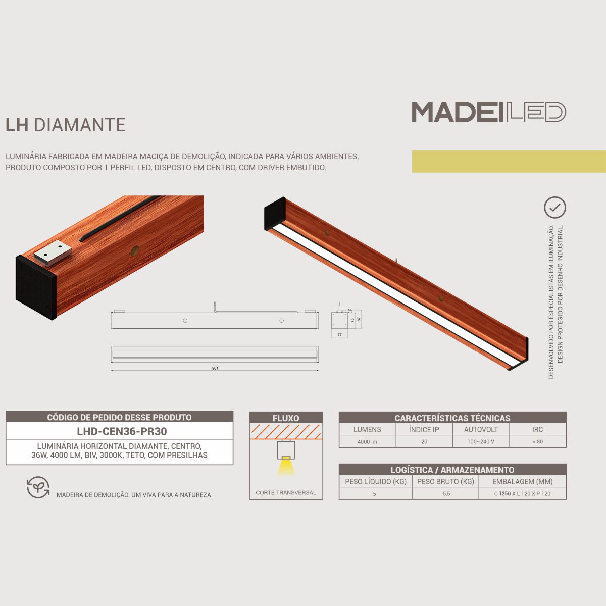Luminária Teto Led Diamante 36w 4000lm Madeira Maciça