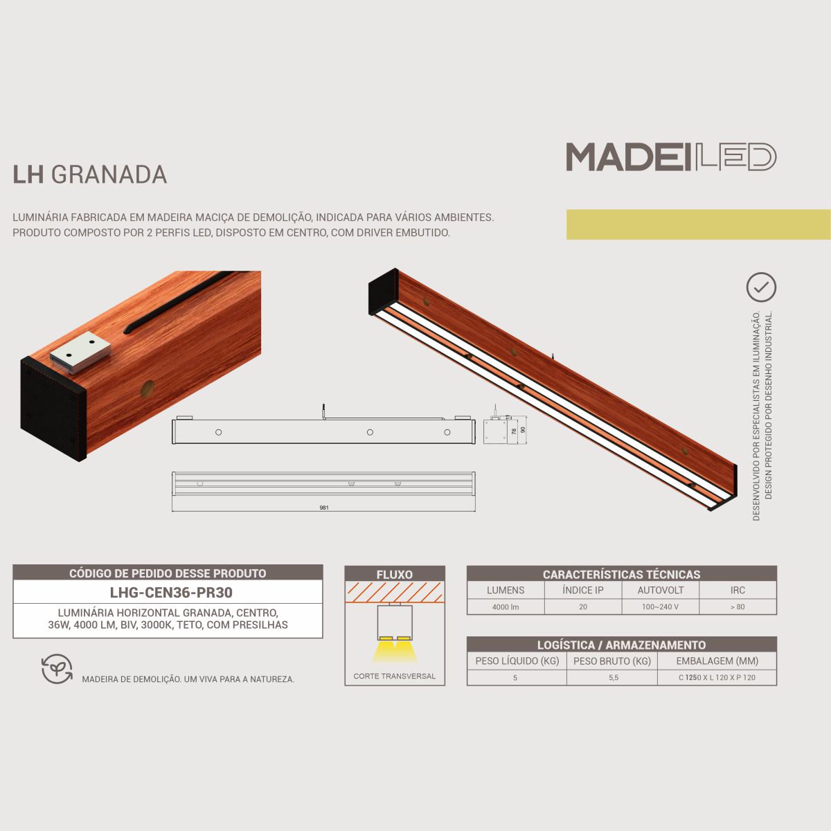 Luminária Teto Led Granada 36w Madeira Maciça