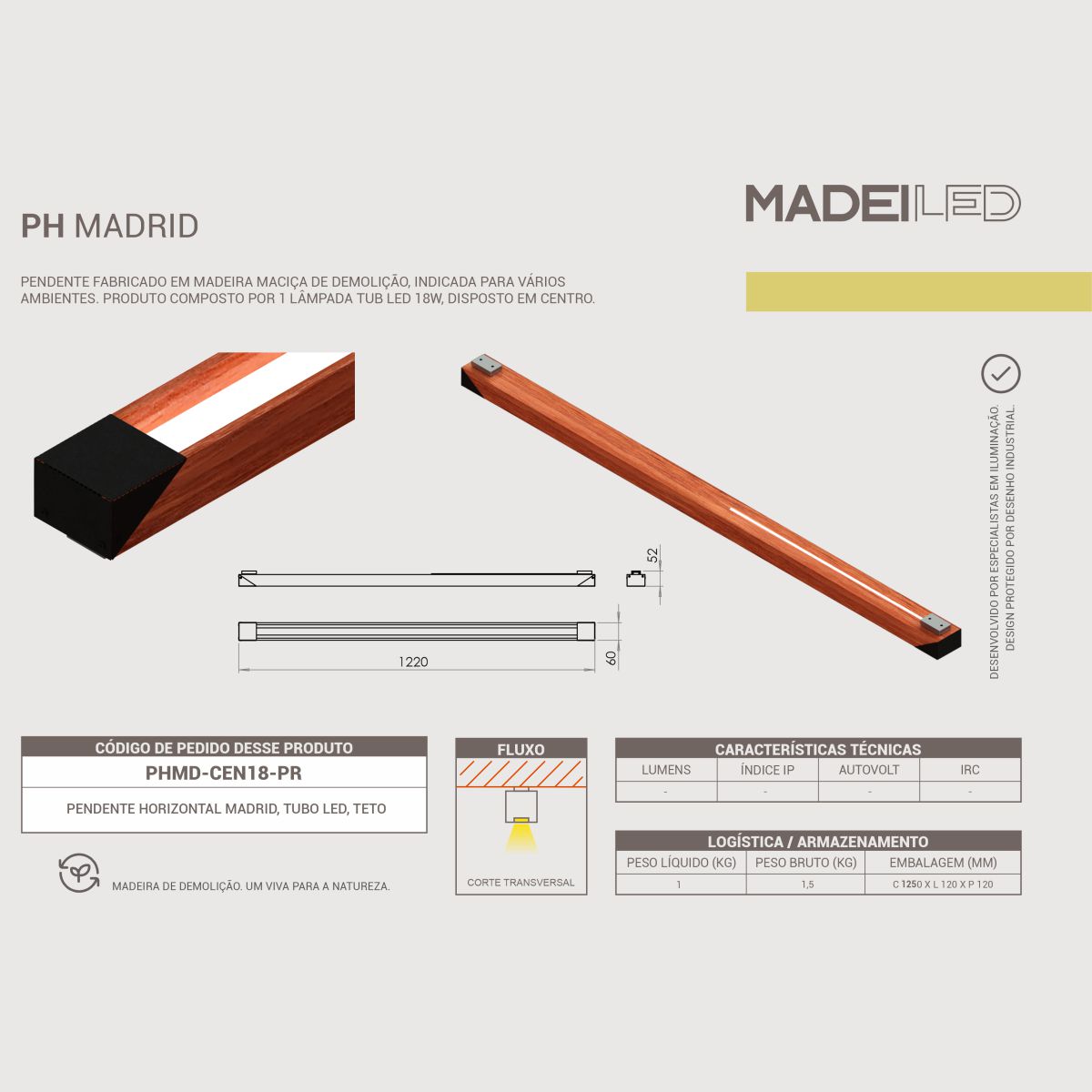 Luminária de LED Madrid 18W Bivolt para Teto em Madeira Maciça de Demolição