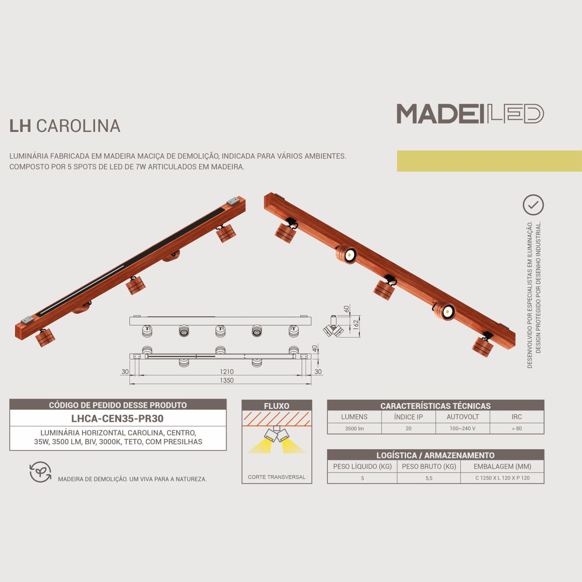 Luminária de Teto Led Carolina 35w 3500l Madeira Maciça Spot