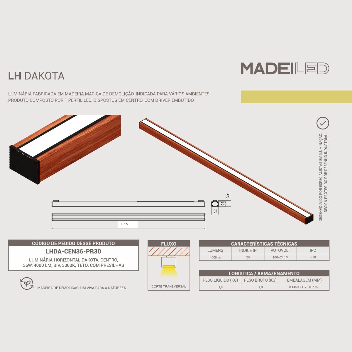 Luminária de Teto Led Dakota 36w 4000lm Madeira Maciça