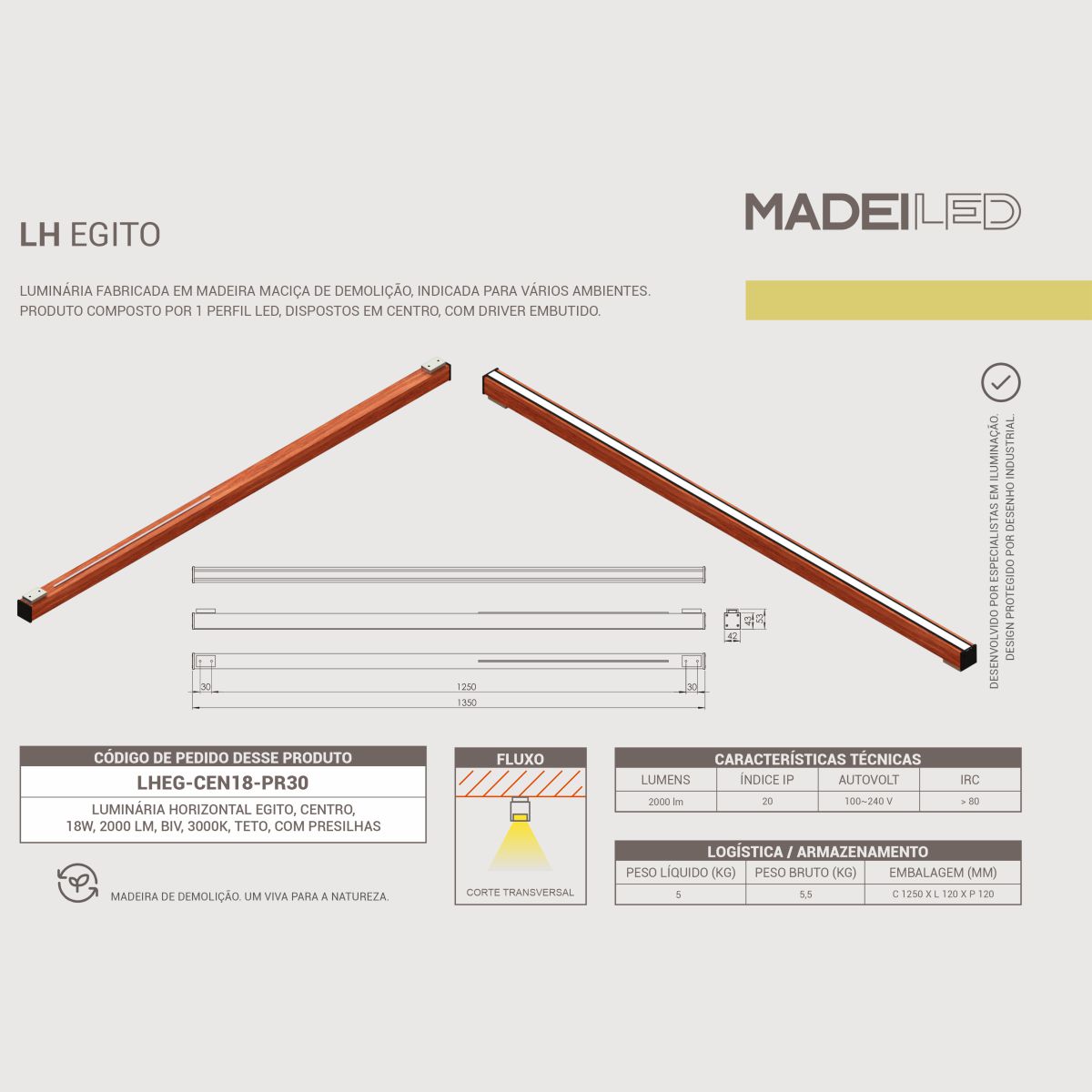 Luminária de Teto Led Egito 18w 2000lm Madeira Maciça