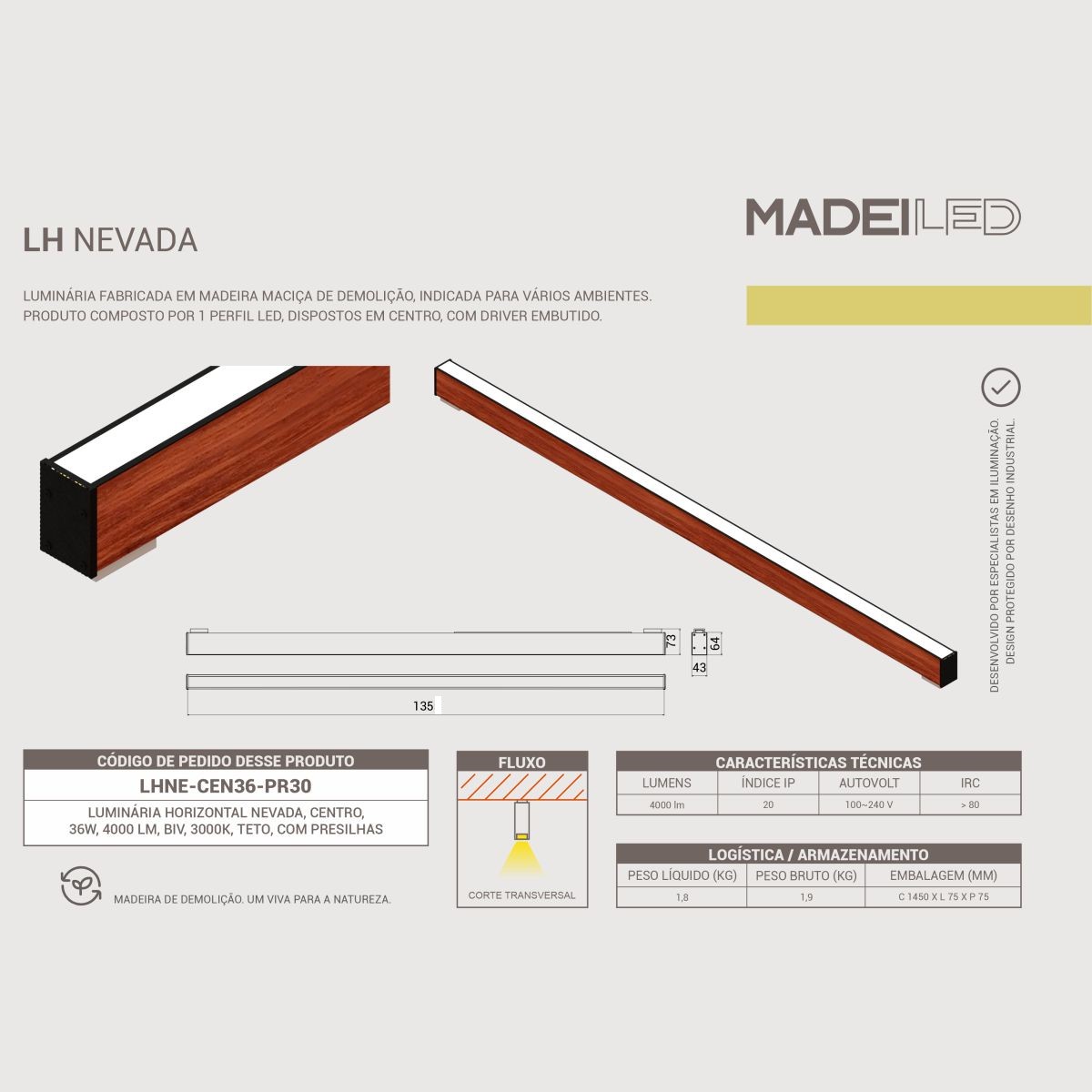 Luminária de Teto Led Nevada 36w 4000lm Madeira Maciça