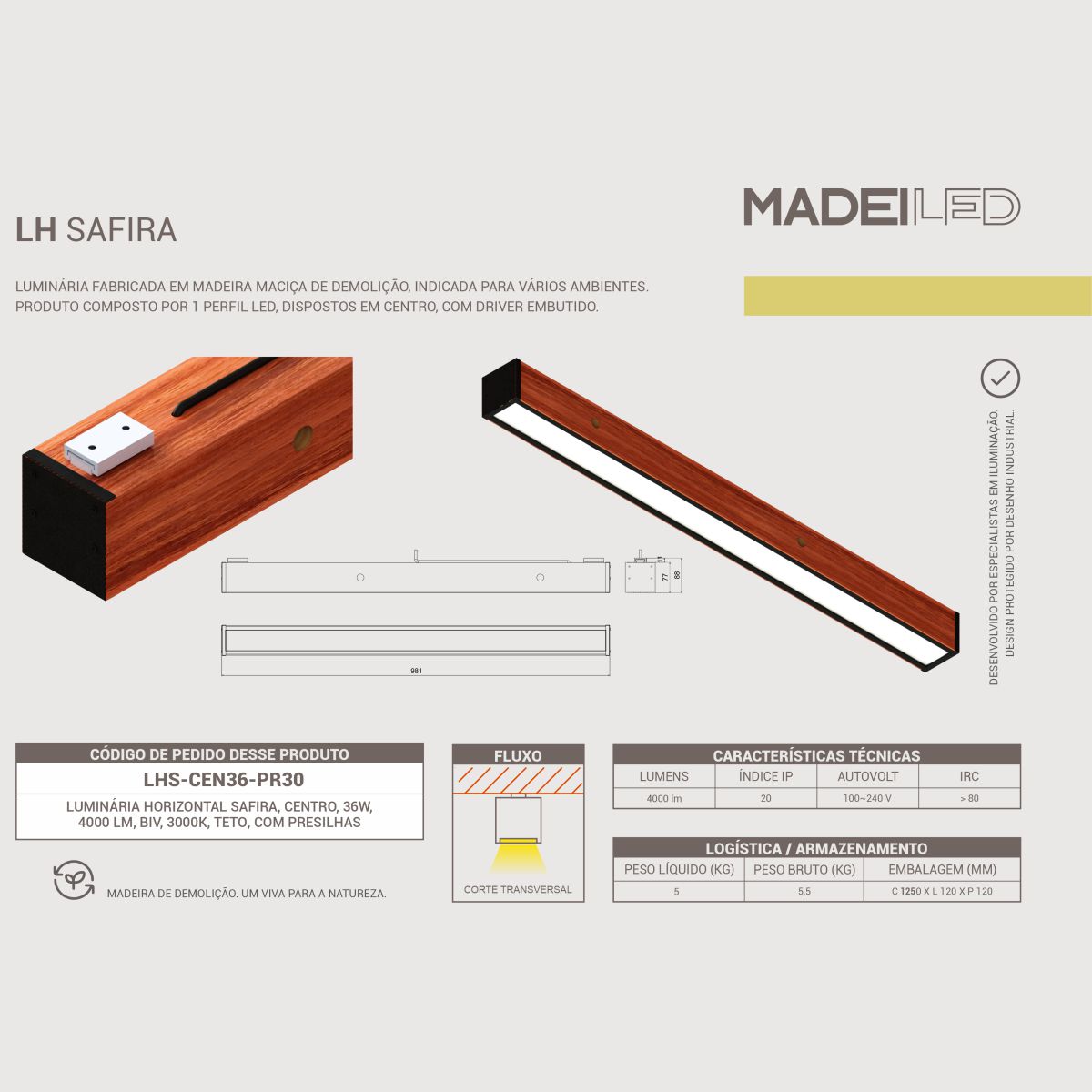 Luminária de Teto Led Safira 36w 4000lm Madeira Maciça