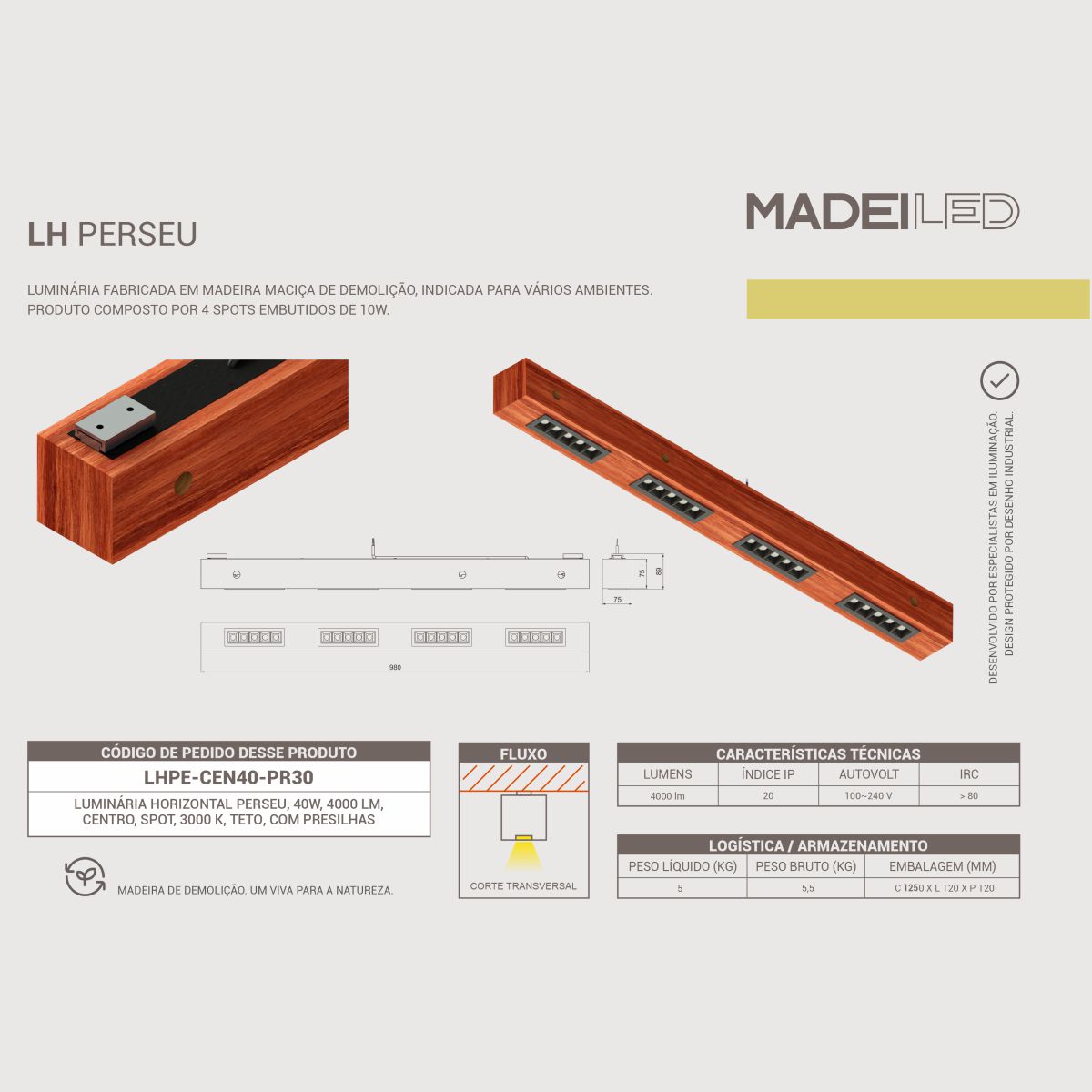 Luminária de Teto Perseu 40w Bivolt Madeira Maciça