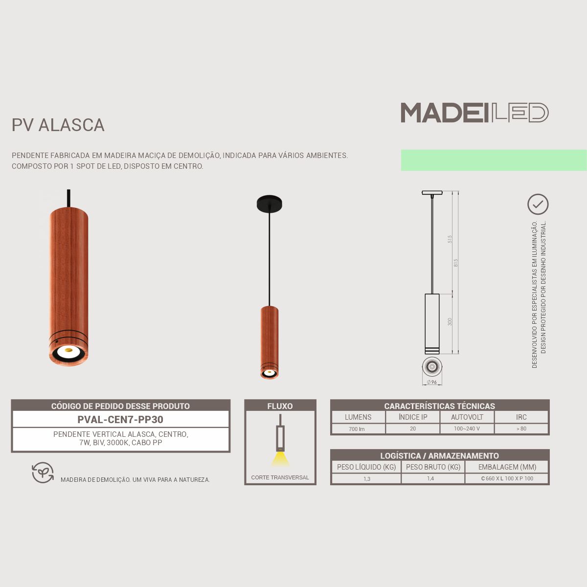 Luminaria Pendente Led Alasca Spot 7w Madeira Bivolt