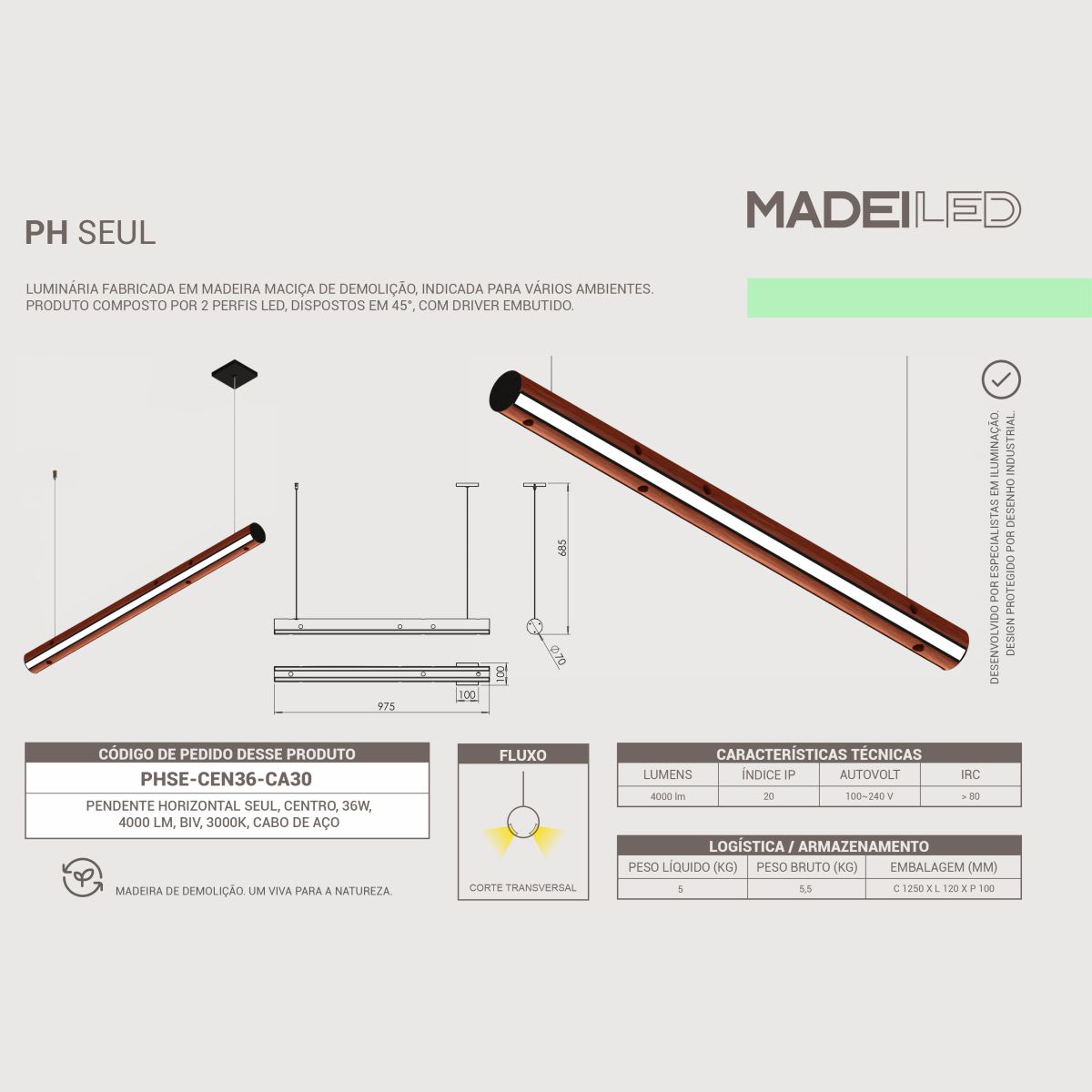 Luminaria Pendente Led Seul 36w 4000lm Bivolt Madeira Maciça
