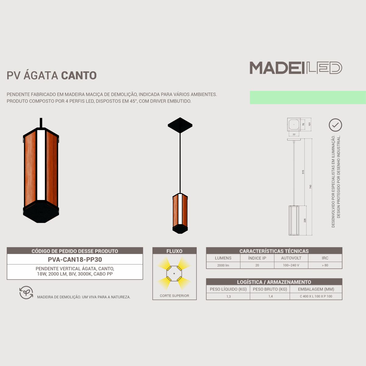 Luminaria Pendente Madeira Canto Agata Led 18w 2000lm Bivolt