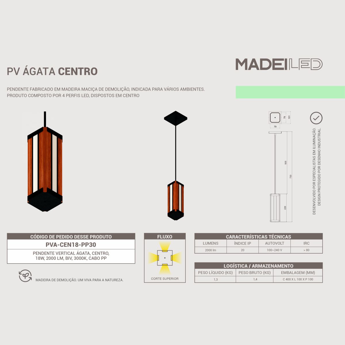 Luminaria Pendente Madeira Centro Agata Led 18w 2000lm
