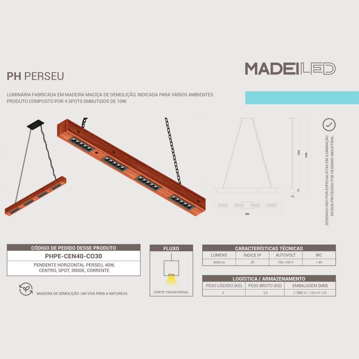 Luminaria Pendente Perseu 40w em Madeira Maciça com Corrente