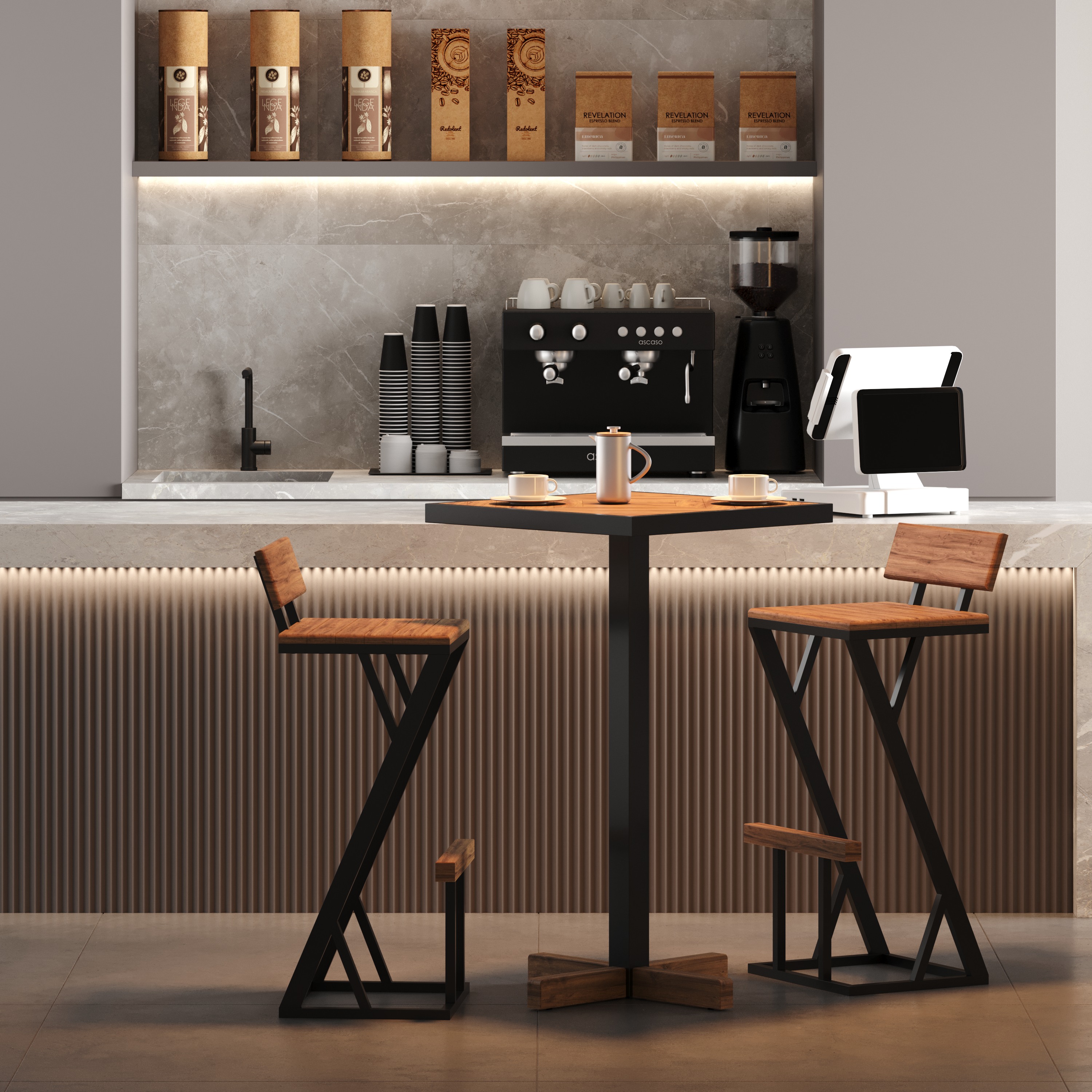 Mesa Bistrô Europa em Madeira Peroba e Estrutura Metálica - Elegância para Ambientes Modernos