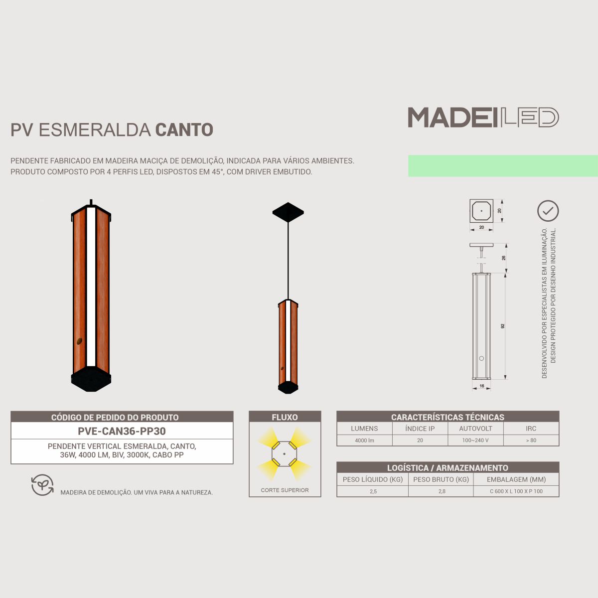 Pendente Canto Madeira Maciça Esmeralda Led 36w 4000lm Bivol