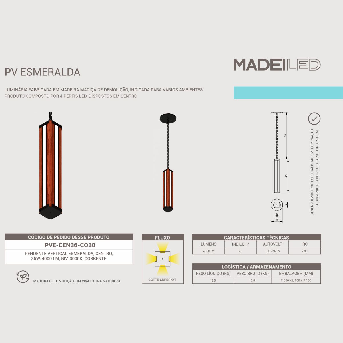 Pendente Centro Esmeralda Led 36w Madeira Maciça Corrente