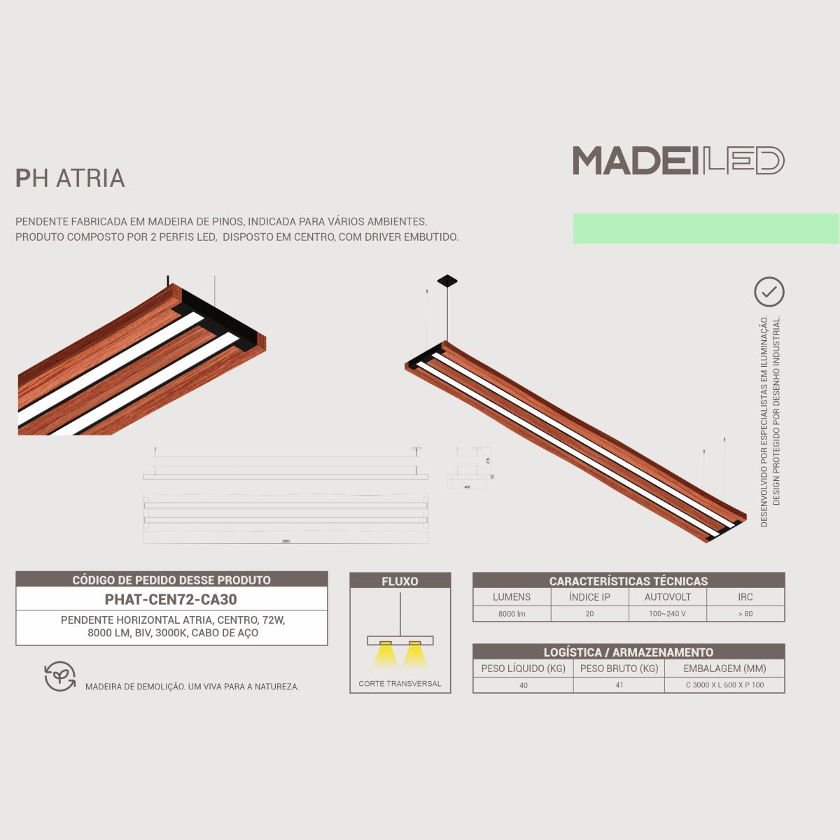 Pendente Horizontal Led Atria 72w 8000lm Prancha de Madeira