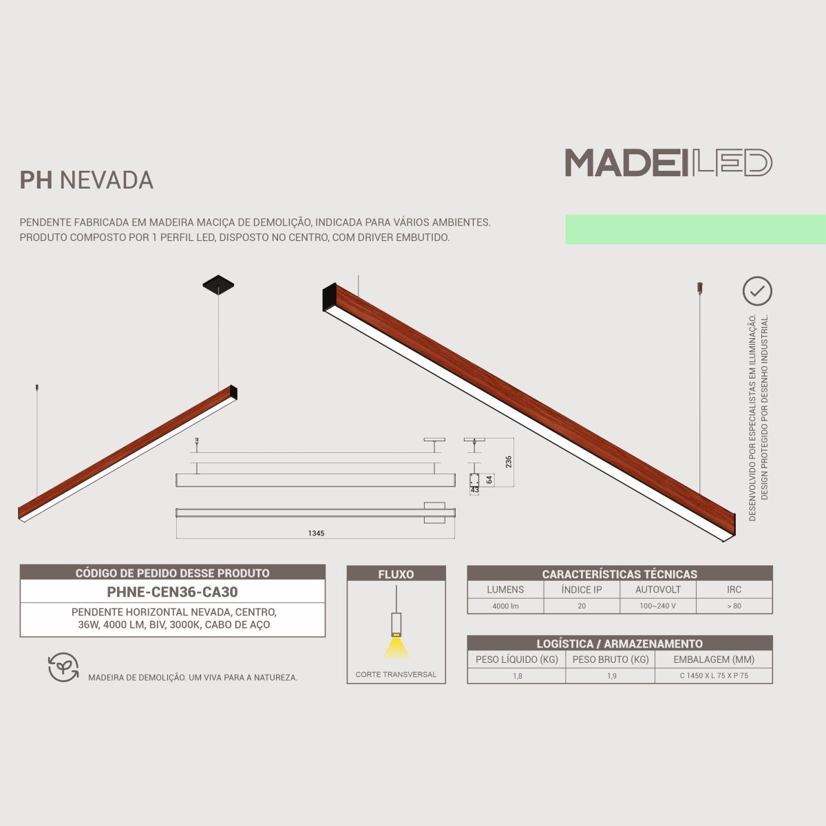 Pendente Horizontal Led Nevada 36w 4000lm Bivolt em Madeira