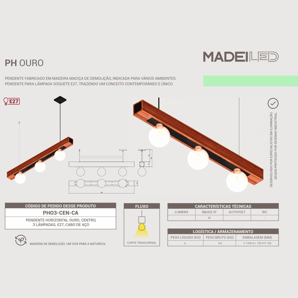 Pendente Horizontal Ouro 3 Roscas E27 Madeira Maciça
