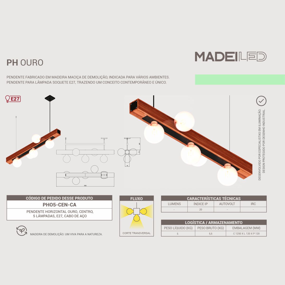 Pendente Horizontal Ouro 5 Roscas E27 Madeira Maciça