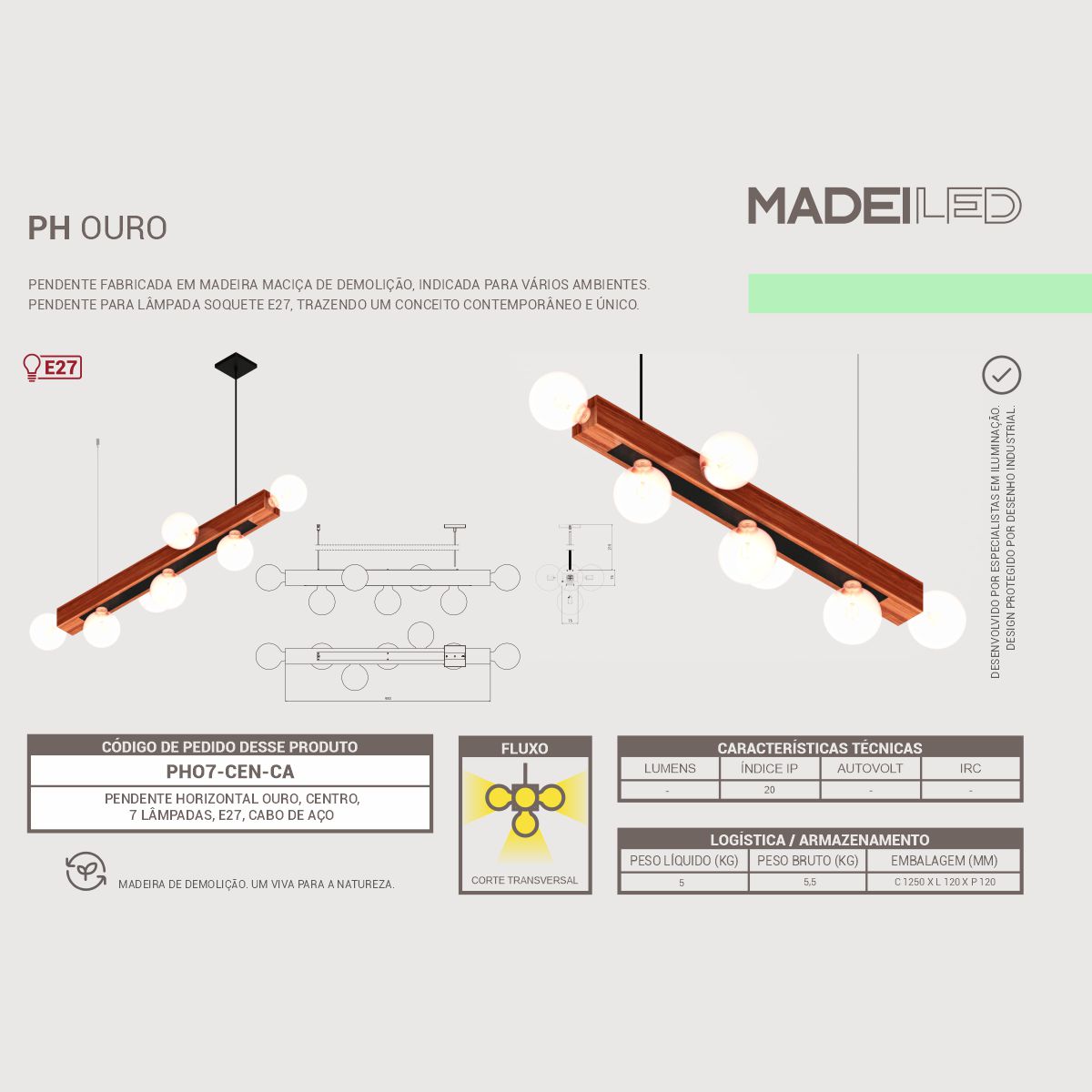 Pendente Horizontal Ouro 7 Roscas E27 Madeira Maciça