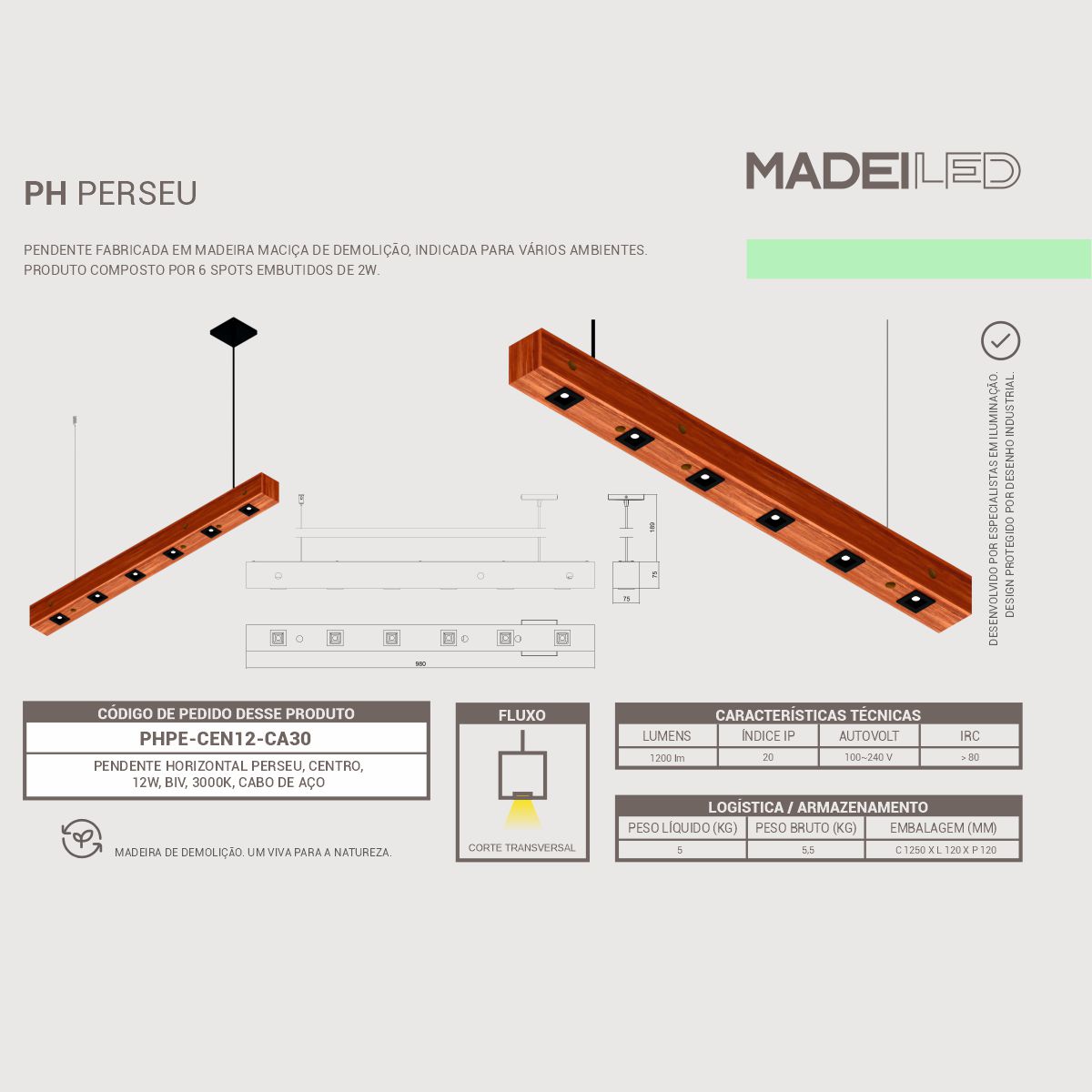 Pendente Horizontal Perseu 12w com 6 Spots Led Madeira