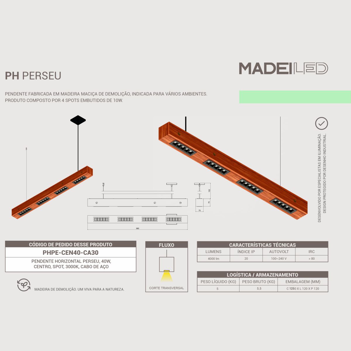 Pendente Horizontal Perseu 40w em Madeira Maciça 4 Spots Led