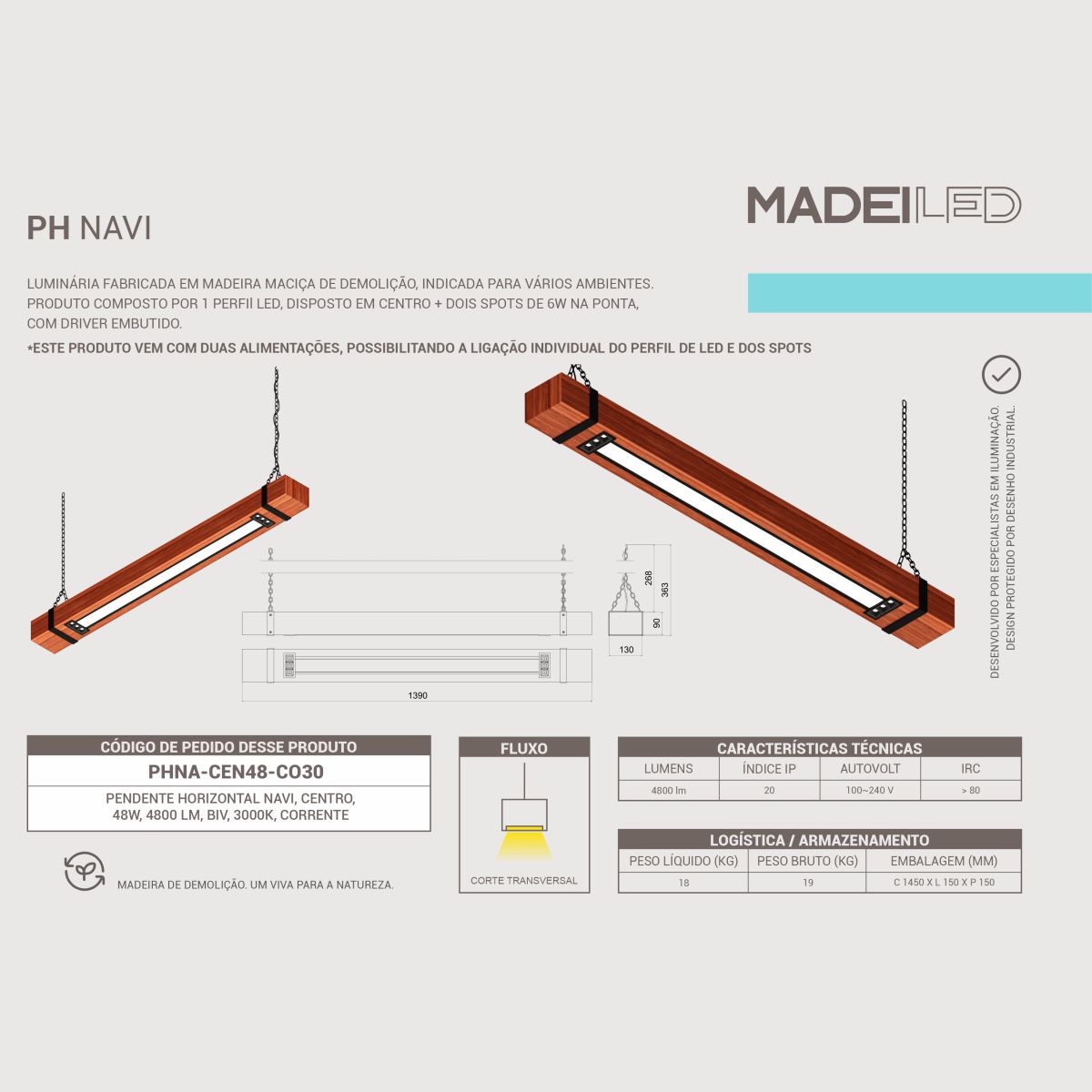 Pendente Led 48w Navi Madeira Maciça com Corrente 4800lm