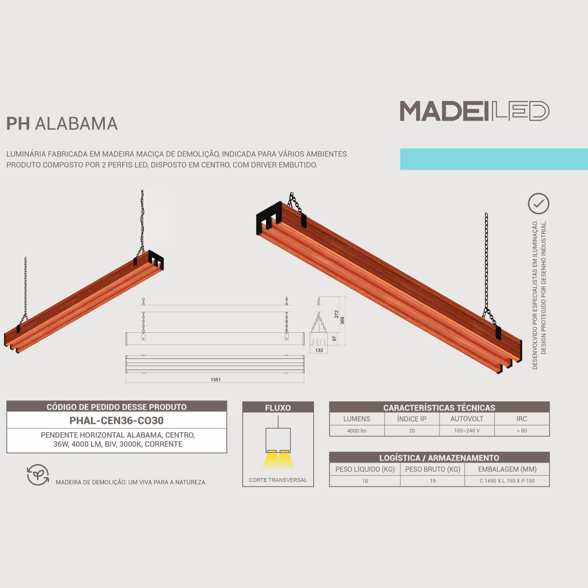 Pendente Led Alabama 36w 4000lm Madeira Maciça Corrente