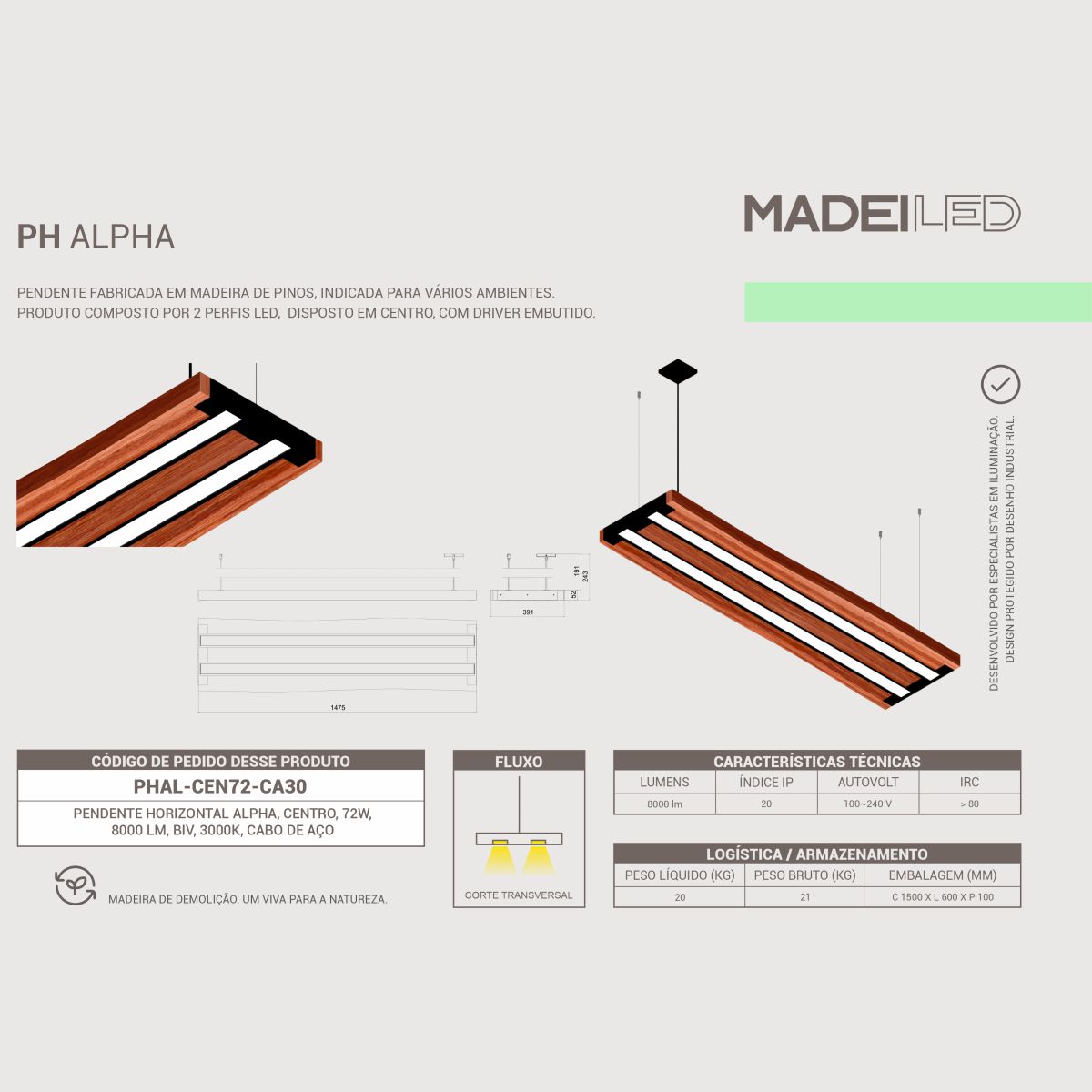 Pendente Led Alpha 72w 8000lm Prancha de Madeira Maciça