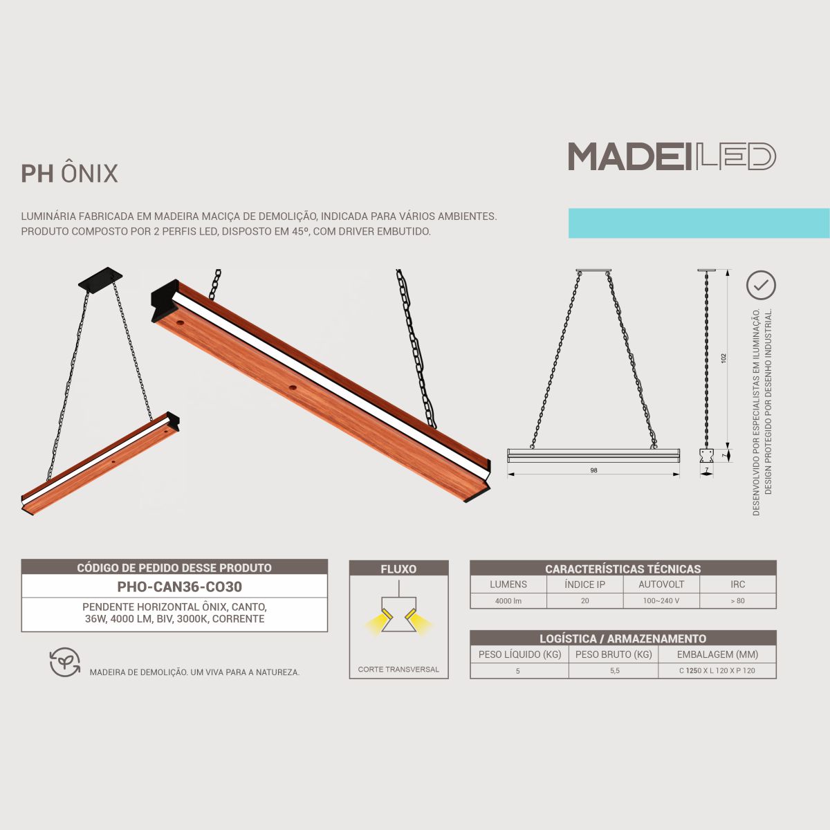 Pendente Led Ônix 36w 4000lm Bivolt Madeira Maciça Corrente