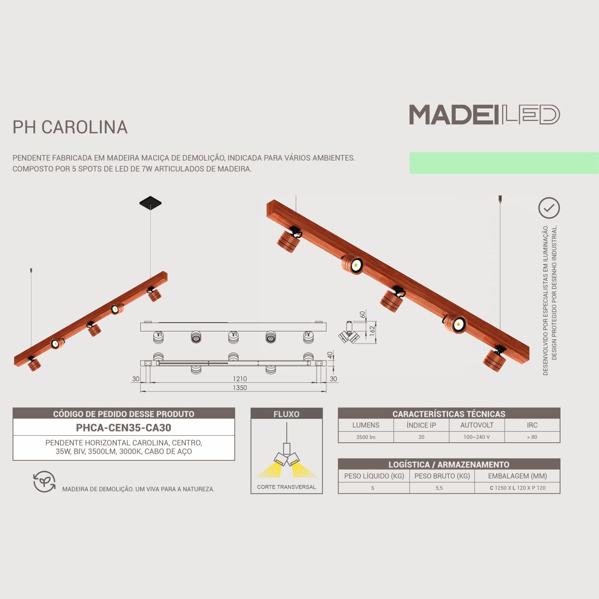 Pendente Led Carolina 35w 3500lm Madeira Maciça Spot