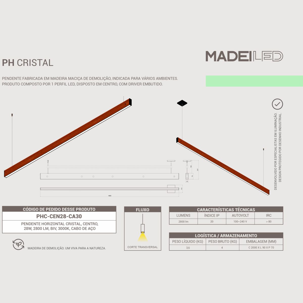 Pendente Led Cristal 28w 2800lm Bivolt em Madeira Maciça