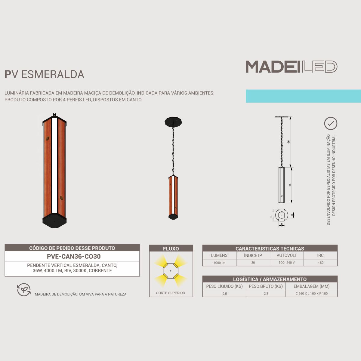 Pendente Led Esmeralda de Madeira Canto 36w 4000lm Corrente