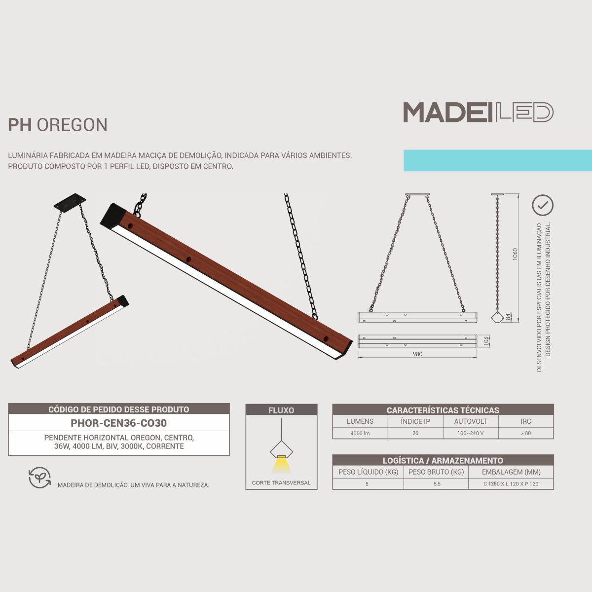 Pendente Led Horizontal Oregon 36w 4000lm Madeira Corrente